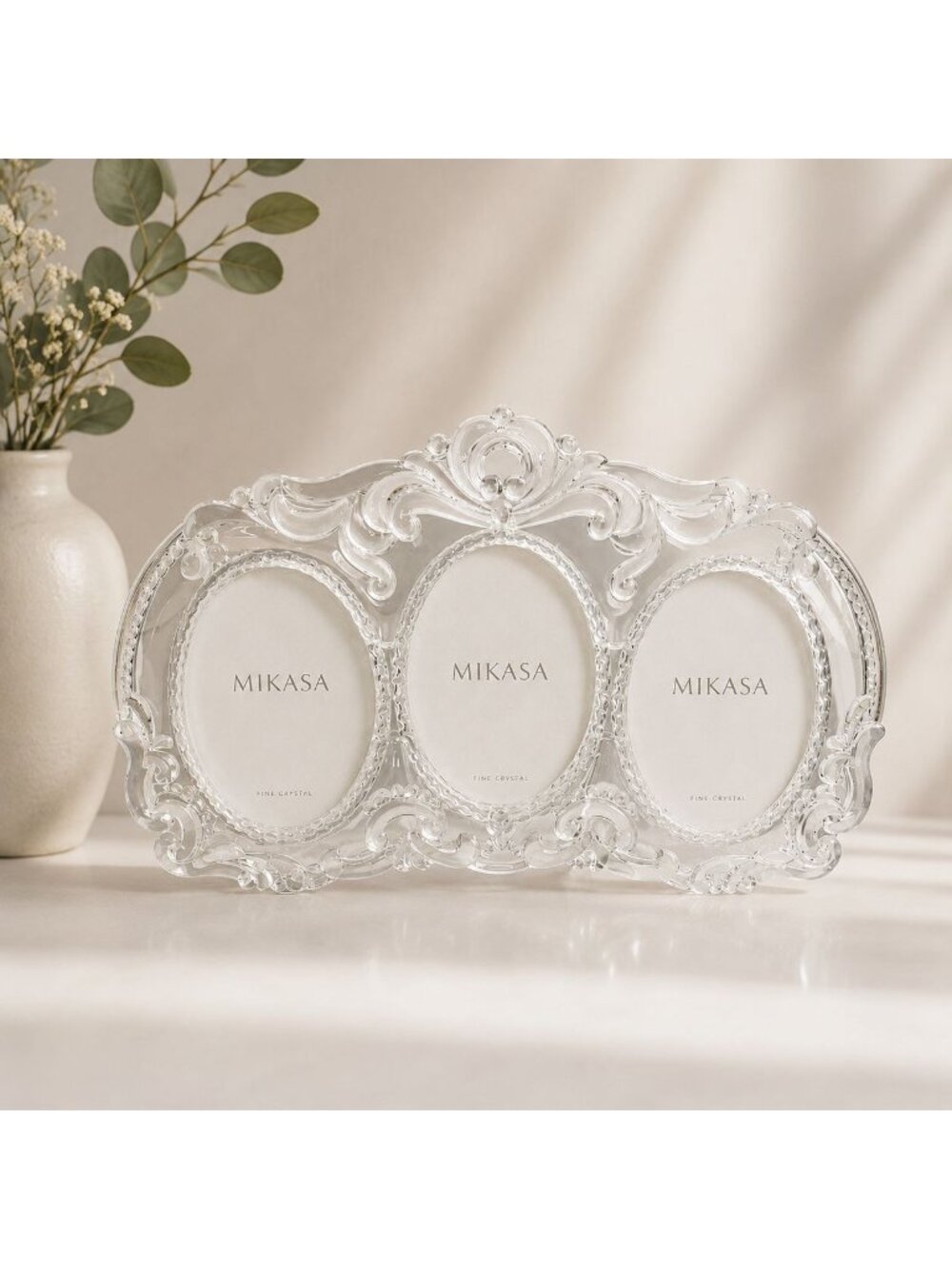Mikasa Princess Crystal Triple Oval Photo Frame Frosted Lead Crystal Vintage 13"